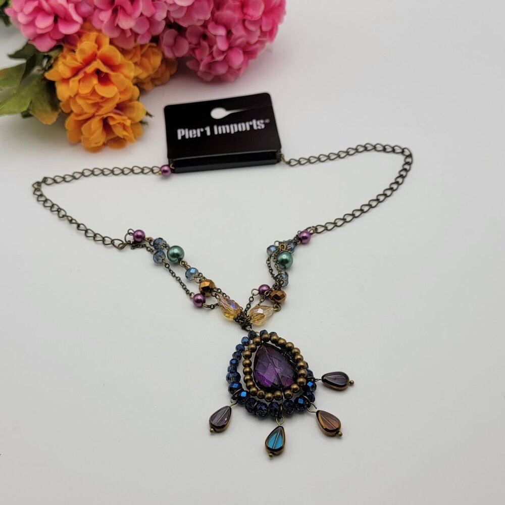 Pier 1 Imports Multi Color Crystal Pendant Necklace 20" Adj. Brass Bohemian